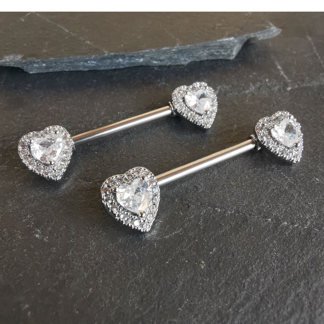 Silver Heart Nipple Bar Piercing 14G Silver Surgical Steel 316L with Cubic Zirconia