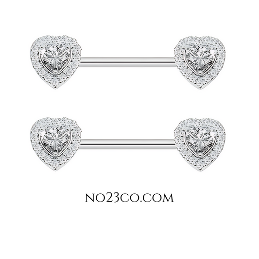 Silver Heart Nipple Bar Piercing 14G Silver Surgical Steel 316L with Cubic Zirconia - No23Co