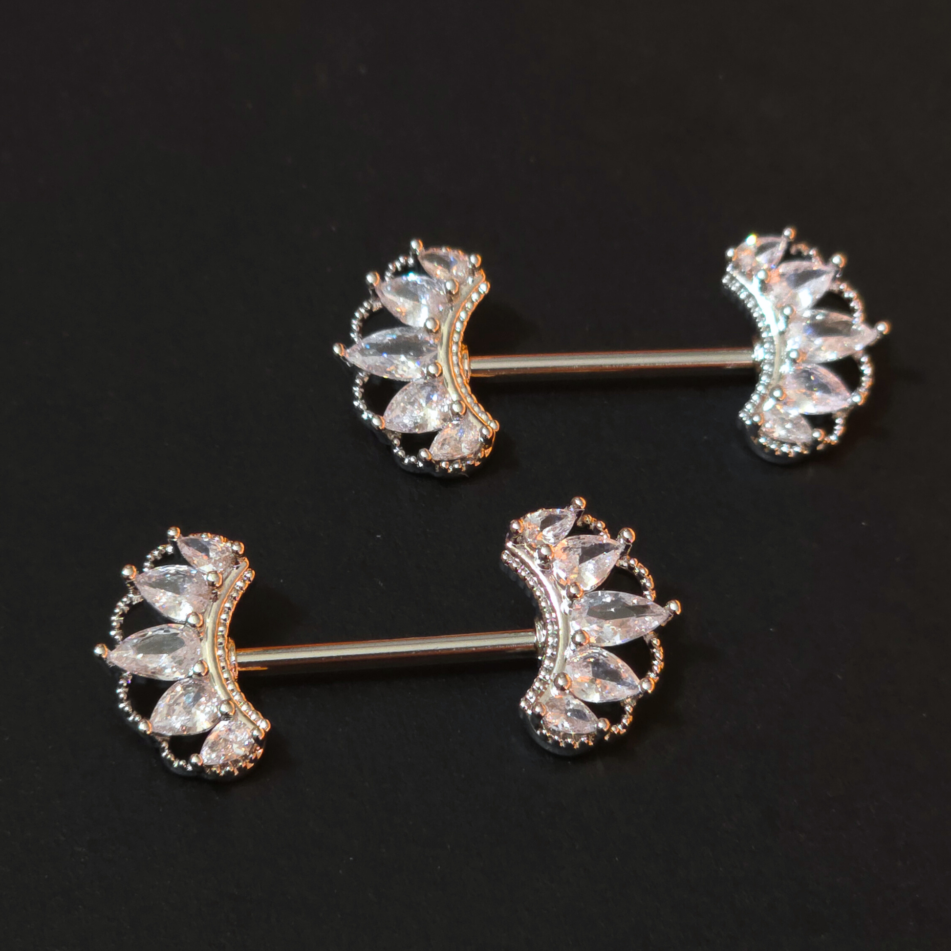 Silver Nipple Bar with Detailed Crown Cubic Zirconia - 14G Surgical Steel 316L by No23Co