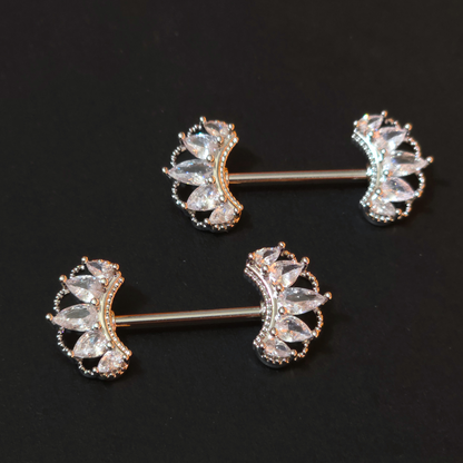 Silver Nipple Bar with Detailed Crown Cubic Zirconia - 14G Surgical Steel 316L by No23Co
