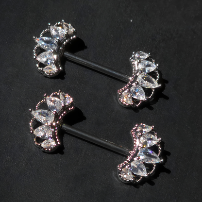 Silver Nipple Bars with Detailed Crown Cubic Zirconia - 14G Surgical Steel 316L by No23Co Jewellery