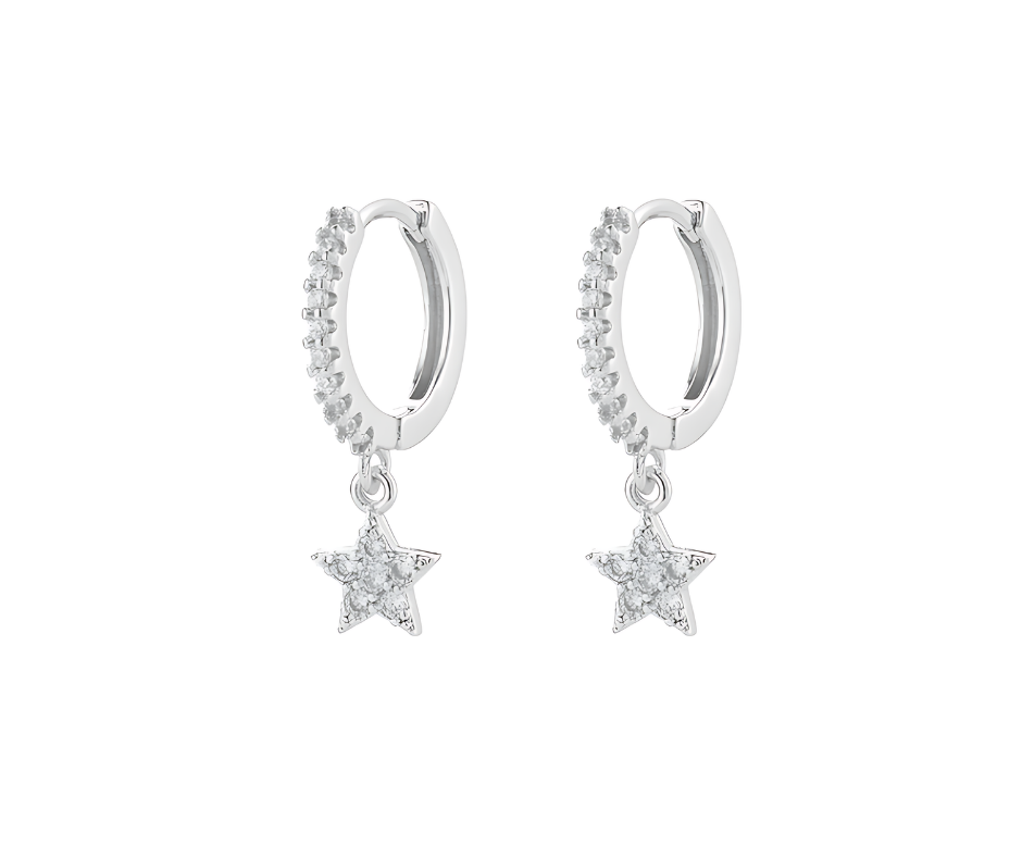 Silver Plated Earrings 925 Sterling Silver Star and CZ Droplets - Ear Piercing -No23Co