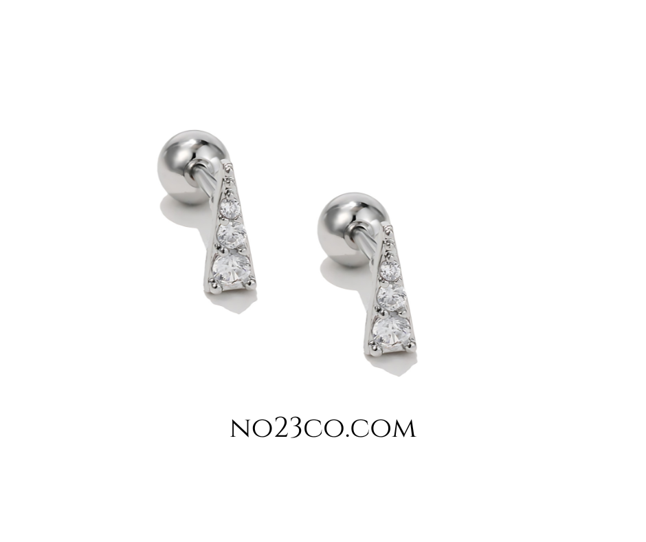 Silver Stainless Steel Geometric Triangle Ear Piercing with White 5A Zirconia Stud Pair