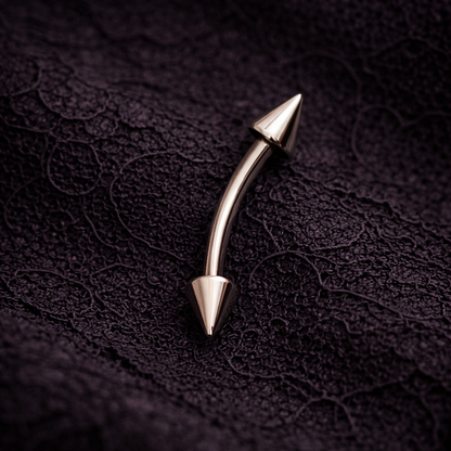Silver colored metallic spiral eyebrow/rook bar with pointed ends on a textured dark ba