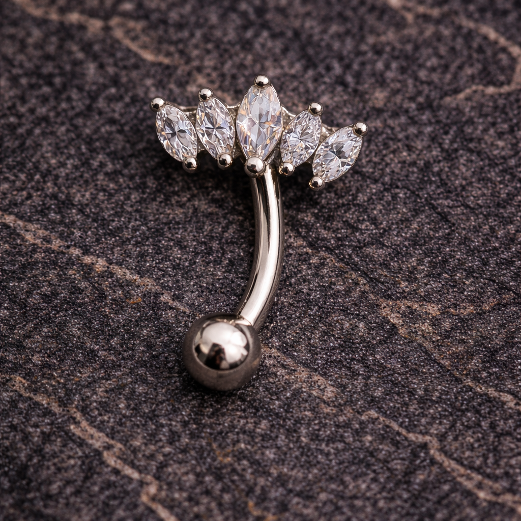 Silver eyebrow/rook piercing ring with crown clear gemstones on a textured brown surface