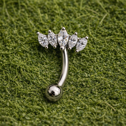 Silver eyebrow/rook ring with crown gemstones on a green textured background