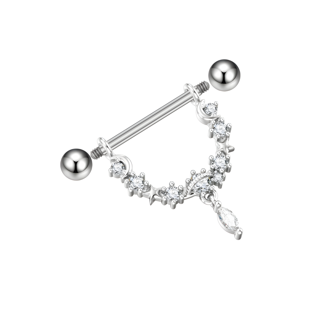 Silver nipple bar with floral design on a white background