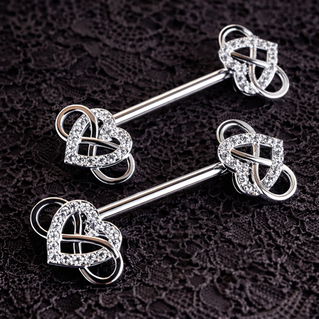 Silver nipple barbells with heart-shaped ends on a dark textured background