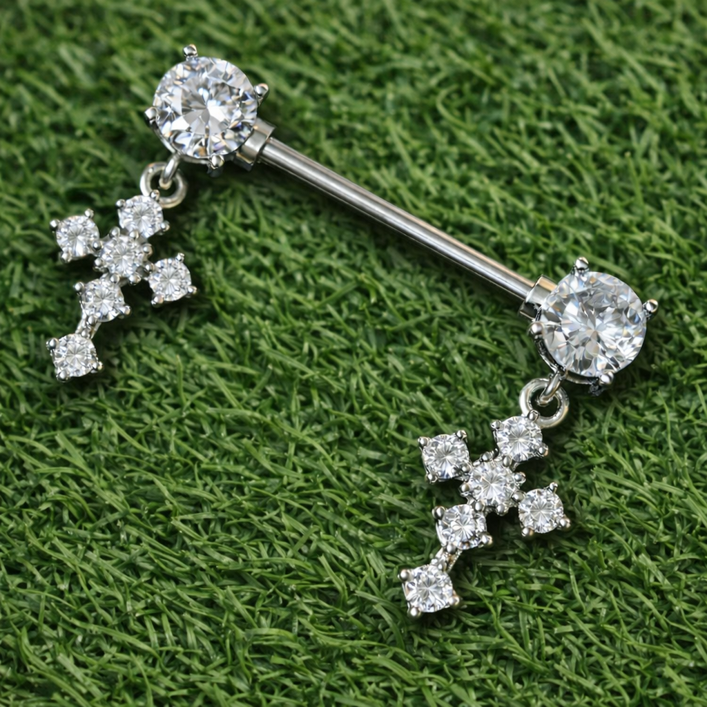 Silver nipple bars with diamond-like stones on a green textured background