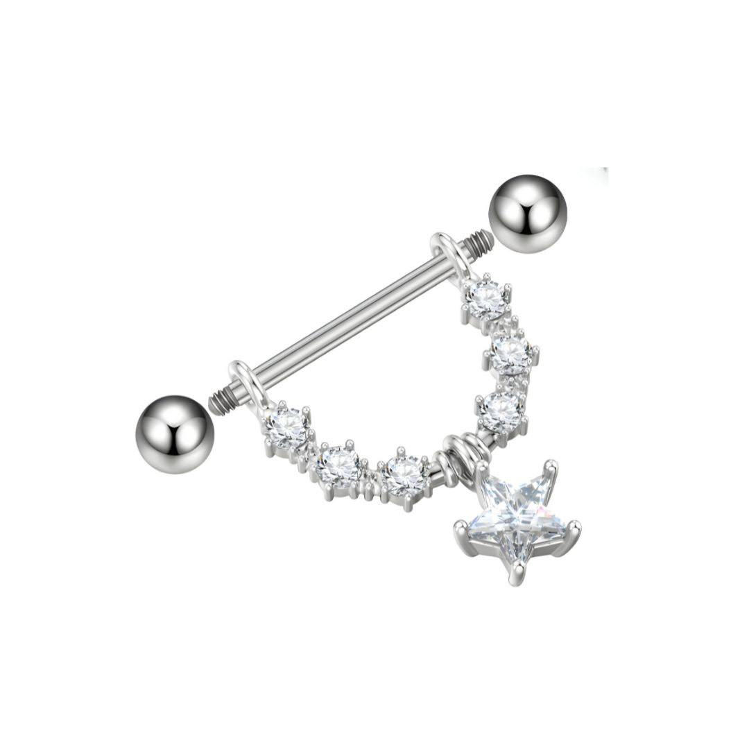 Silver nipple ring with clear gemstones on a white background