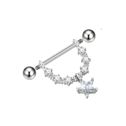 Silver nipple ring with clear gemstones on a white background