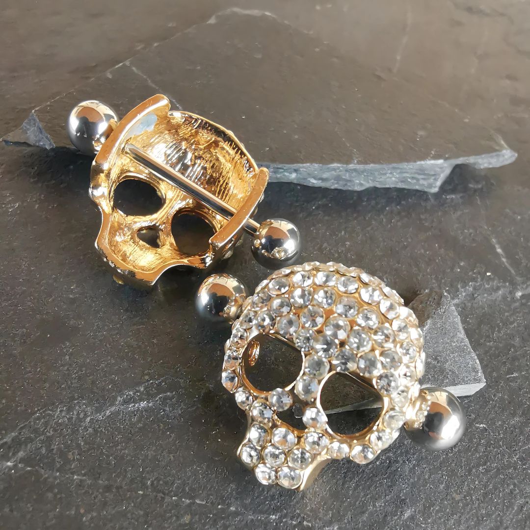 Skull Nipple Bars Shields Piercing Jewelry - 16G Gold Surgical Steel 316L White Zirconia