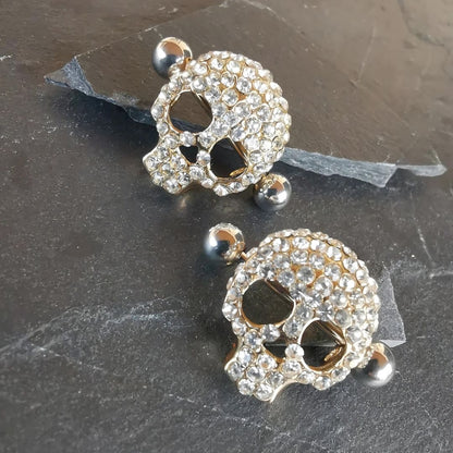 Skull Nipple Bars Shields Piercing Jewelry - 16G Gold Surgical Steel 316L White Zirconia