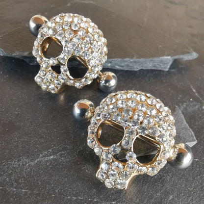 Skull Nipple Bars Shields Piercing Jewelry - 16G Gold Surgical Steel 316L White Zirconia