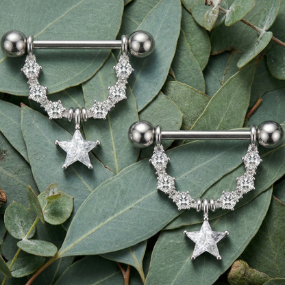Star Dangle Nipple Piercing Bar Shields with Cubic Zirconia – 14G Surgical Steel 316L
