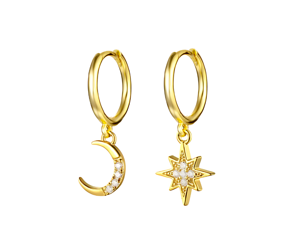 Star and Moon Droplets Earrings 18K Gold Plated Earrings 925 Sterling Silver