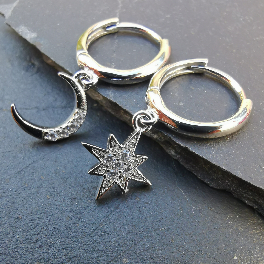 Star and Moon Droplets Earrings Silver 925 Sterling Silver