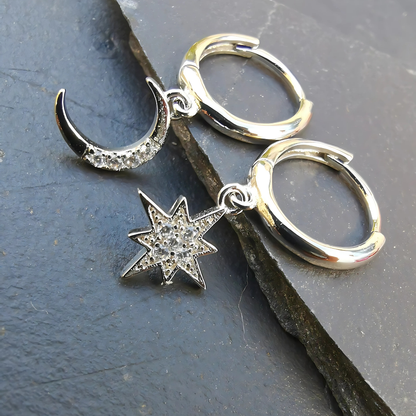 Star and Moon Droplets Earrings Silver 925 Sterling Silver