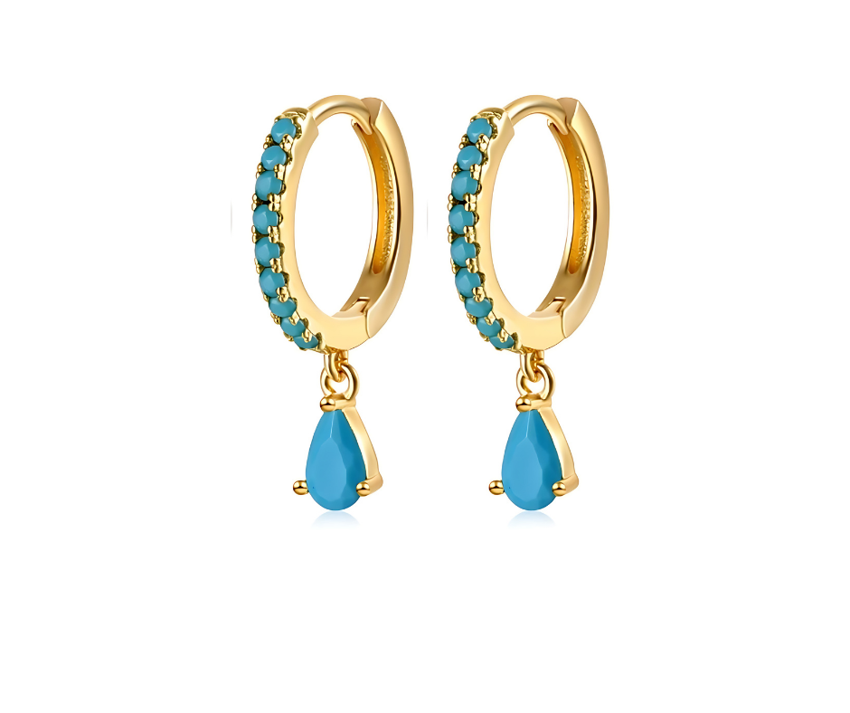 Turquoise Zirconia Droplet Ear Piercing Pair - 18K Gold Plated Sterling Silver 925