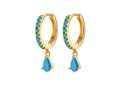 Turquoise Zirconia Droplet Ear Piercing Pair - 18K Gold Plated Sterling Silver 925