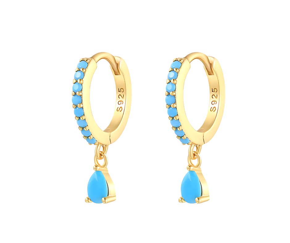 Turquoise Zirconia Droplet Ear Piercing Pair - 18K Gold Plated Sterling Silver 925