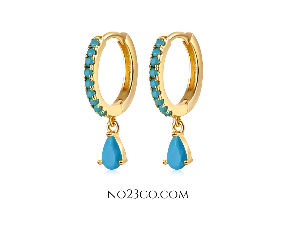 Turquoise Zirconia Droplet Earrings Piercing Pair -18K Gold Plated Sterling Silver 925 - No23Co