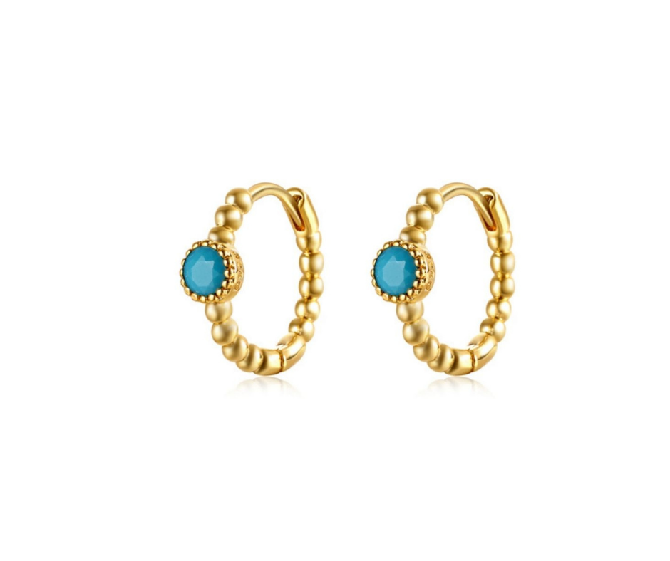 Turquoise Zirconia Tiny Hoop Ear Piercing Pair - 18K Gold Plated Sterling Silver 925