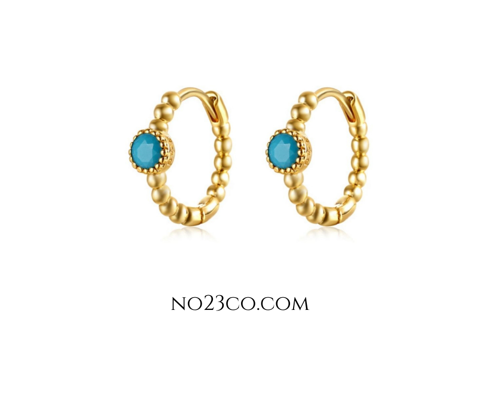 Turquoise Zirconia Tiny Hoop Earrings Piercing Pair - 18K Gold Plated Sterling Silver 925 - No23Co