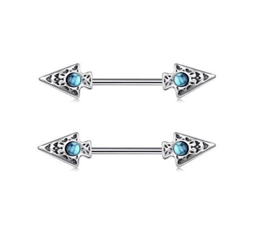 14G Surgical Steel 316L Arrow Nipple Bars Turquoise CZ Accents NO23CO