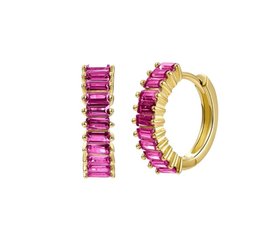 18K Gold Plated 925 Sterling Silver Huggies with Magenta  5A Cubic Zirconia