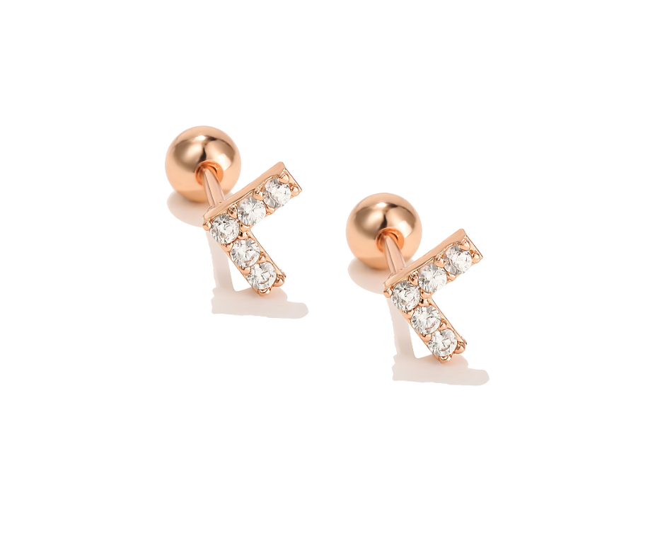 V Shape Gold Rose Stainless Steel Ear Piercing White 5A Zirconia Stud Pair