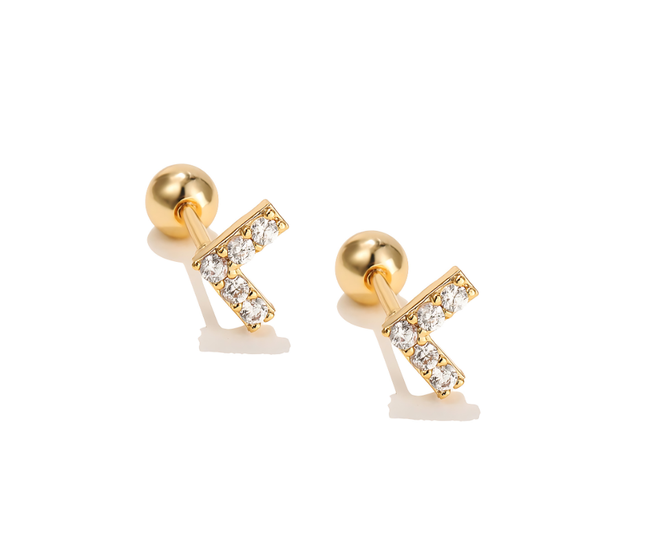 V Shape Gold Stainless Steel Ear Piercing White 5A Zirconia Stud Pair