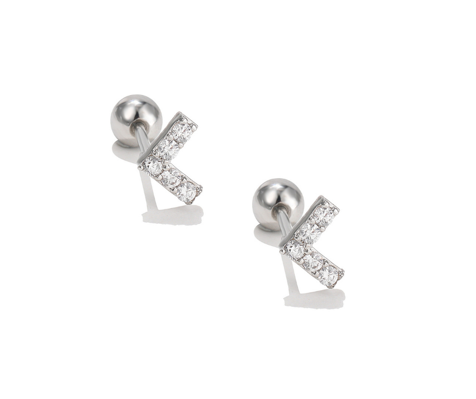 V Shape Silver Stainless Steel Ear Piercing White 5A Zirconia Stud Pair