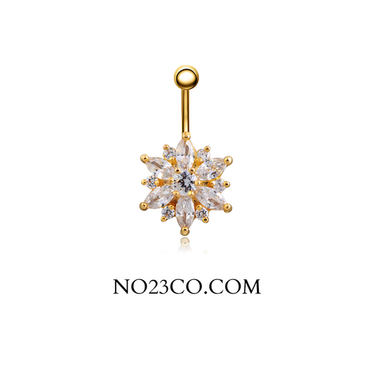 White Flower Navel Ring Belly Button Piercing Jewelry crafted by Hypoallergenic 14G Gold Surgical Steel 316L
