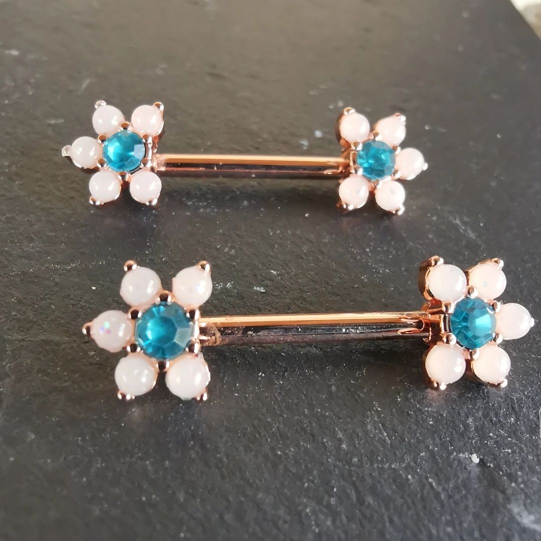White Flower with Blue Stone Nipple Bar Piercing CZ 14G Rose Gold Surgical Steel 316L