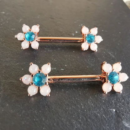 White Flower with Blue Stone Nipple Bar Piercing CZ 14G Rose Gold Surgical Steel 316L
