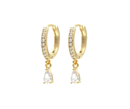 White Zirconia Droplet Ear Piercing Pair - 18K Gold Plated Sterling Silver 925