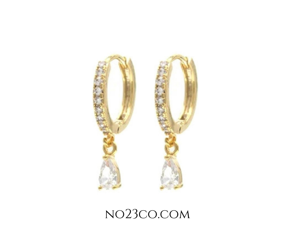 White Zirconia Droplet Earrings Piercing Pair -18K Gold Plated Sterling Silver 925 - No23Co