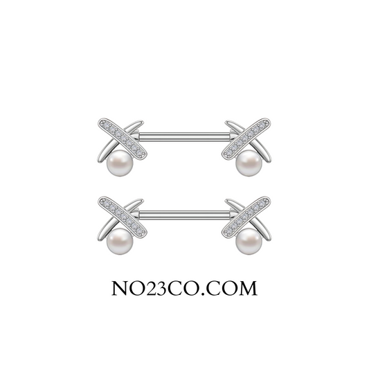 Close-up of silver XO nipple bars with synthetic pearl ends on white background