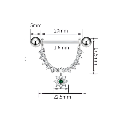 Close-up of flower dangle nipple bar detailing cubic zirconia sparkle and smooth surgical steel finish.