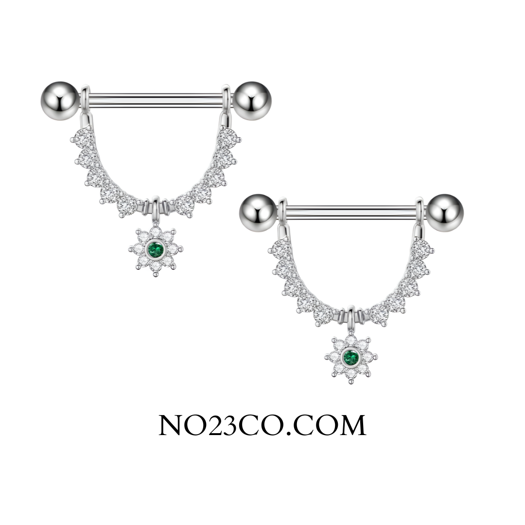 Front view of silver 14G 316L surgical steel dangle nipple bar shields with flower charm and clear cubic zirconia.