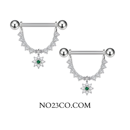 Front view of silver 14G 316L surgical steel dangle nipple bar shields with flower charm and clear cubic zirconia.