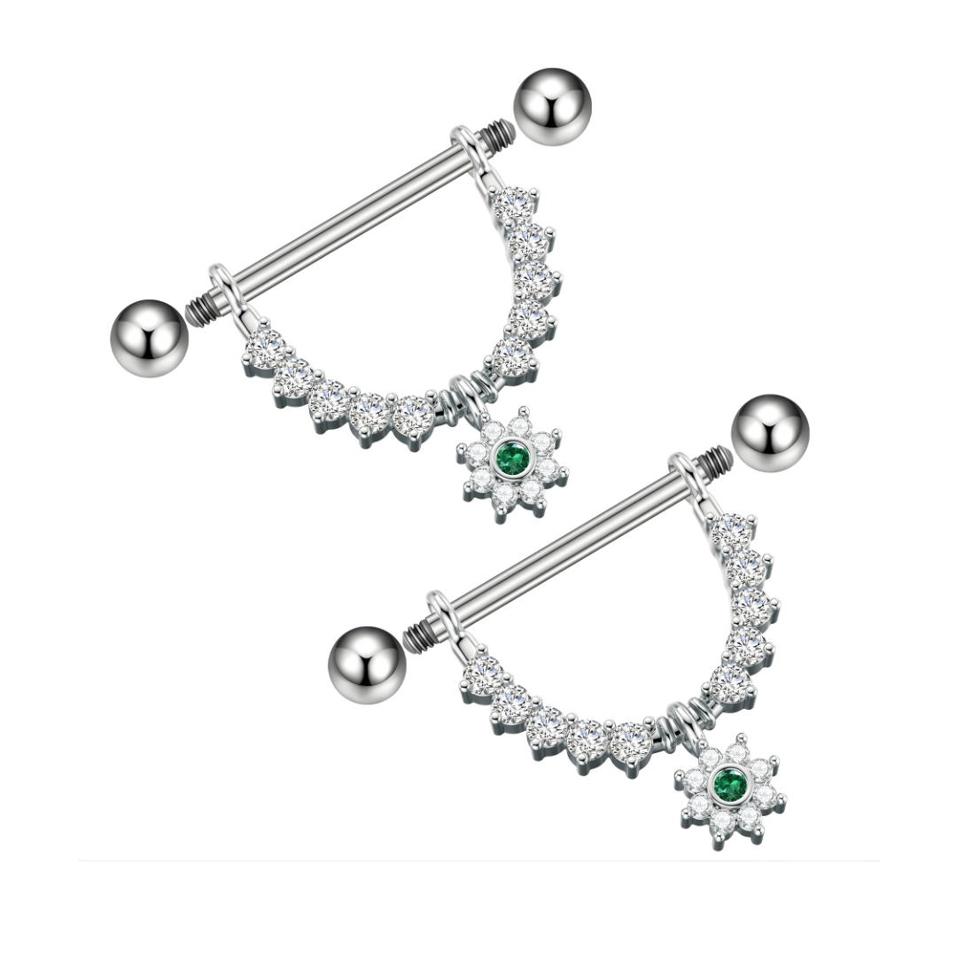 Stylish display of 316L surgical steel flower dangle nipple bars, elegant and hypoallergenic body jewelry.