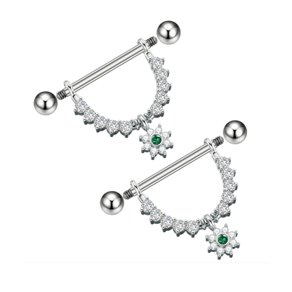 Stylish display of 316L surgical steel flower dangle nipple bars, elegant and hypoallergenic body jewelry.