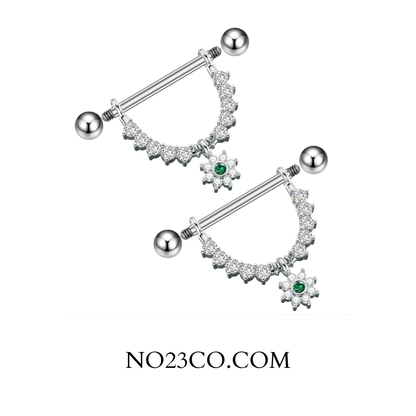 Side angle of 316L surgical steel nipple bars showing curved dangle flower pendant and secure screw balls.