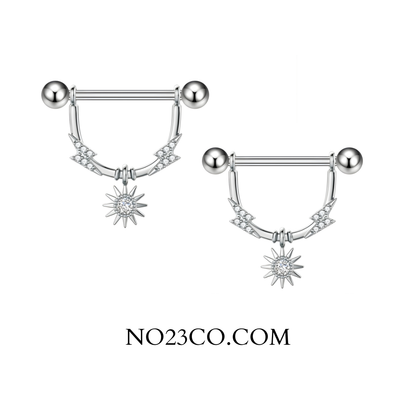 Front view of silver 14G 316L surgical steel dangle nipple bar shields with star charm and clear cubic zirconia.
