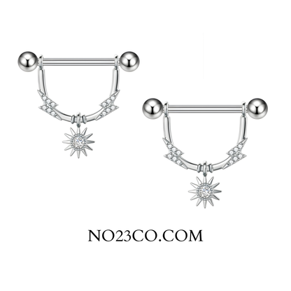 Pair of silver 14G 316L surgical steel nipple bar shields with hanging star design and radiant crystal.