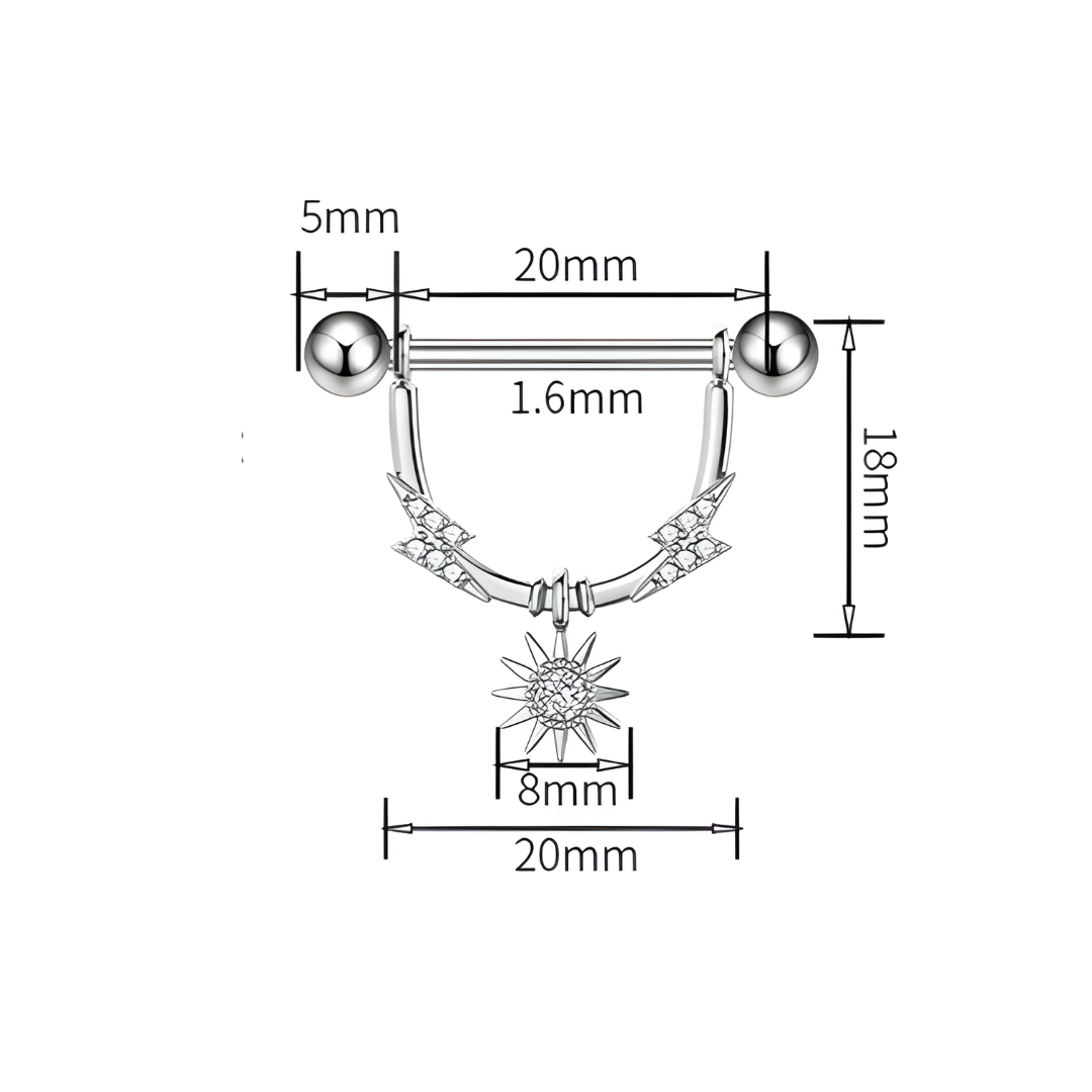 Side angle of 14G surgical steel nipple bars showing star pendant and screw-ball closure.