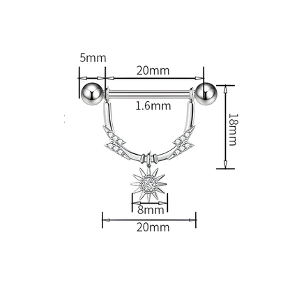 Side angle of 14G surgical steel nipple bars showing star pendant and screw-ball closure.