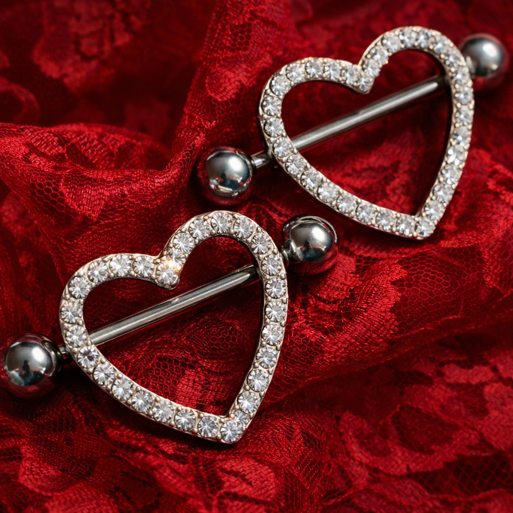 Heart shield nipple piercing bars 14G silver surgical steel 316L body jewellery